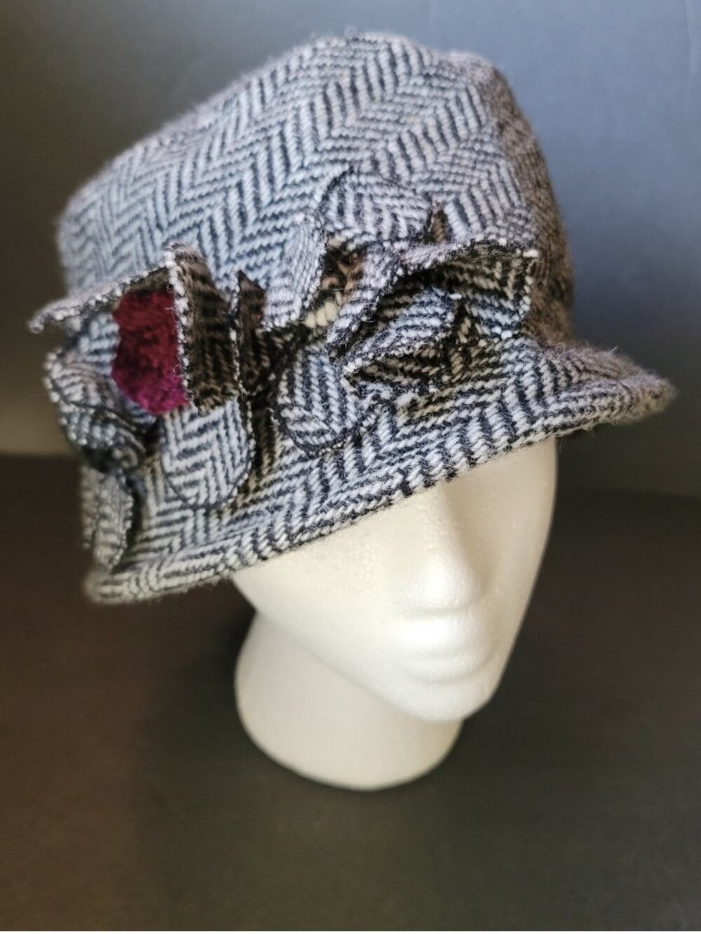 Black and White Tweed 100% Wool Bucket Hat with flower details MEMAR Italy